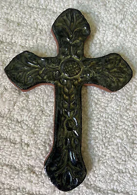 Buy Handmade Embossed Decorative Pottery Cross Black/Green 8 L 6 W W Wall Hanger • 21.19£