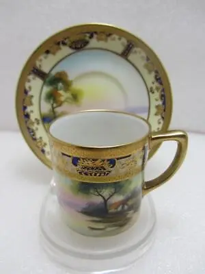 Buy Antique Noritake Hand Painted Landscape Gilded Cup & Saucer, Blue Komaru C1912 • 29.99£