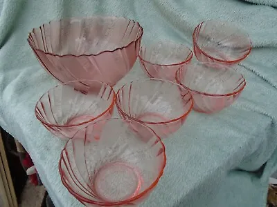 Buy Vintage VERECO France Rivage Pink Clear And Frosted Swirl 7pc Dessert Set VGC • 32£