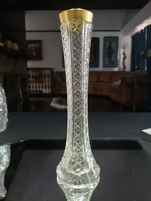 Buy 10  Bud Vase Glass Antique Bohemian Moser Type Cut Crystal Clear GOLD Rim Accent • 48.16£