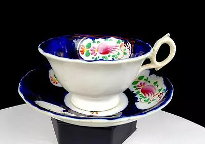 Buy Gaudy Welsh Staffordshire Porcelain Columbine 2 1/8  Cup & Saucer Set 1850s • 18.87£