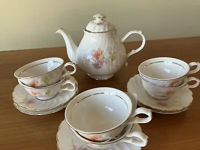 Buy High Tea Teapot 6 Cups & Saucers Swirl Design Peach Lavender Color Flowers • 132.82£