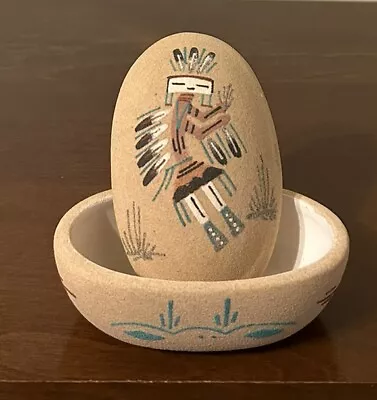 Buy VTG Navajo Native American Sand Paint Art Pottery Oval Trinket Box Southwestern • 33.03£