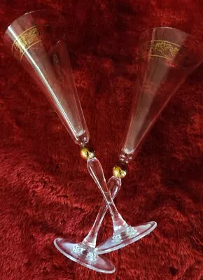 Buy Pair Godiva French Champagne Trumpet Flutes 24K Gold Ball Signed Glass • 15.34£
