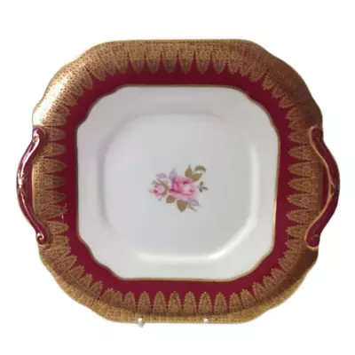 Buy Hammersley Eared Cake Or Sandwich Plate Burgundy Gold Lace Filigree Roses S349/4 • 22£