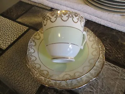 Buy Adderley Fine Bone China Cup Saucer & Side Plate Trio Green/gold • 8£