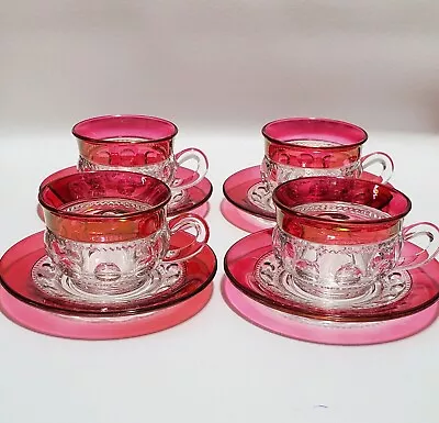 Buy Vintage 1950s, Tiffin Kings Crown Ruby Flashed Top, 4 Tea Cups & 4 Saucers, 8PC • 21.71£