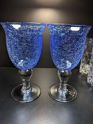 Buy Set Of 2 Cobalt Blue Crackle Blown Glass Goblet 7.5 Inch • 11.37£