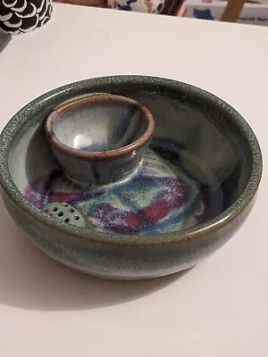 Buy Canterbury Pottery Olive Bowl In Green Glaze With Multicoloured Top Splashes • 12£