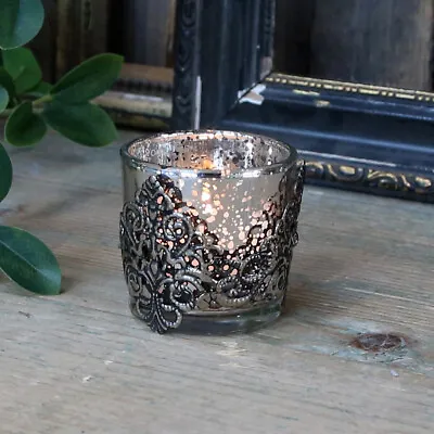 Buy Tea Light Holder Vintage Glass Candle Holder With Antique Silver Metal Decor • 7.99£