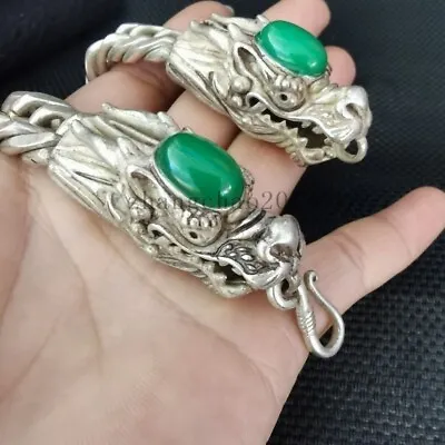 Buy Tibetan Silver Bracelet Dragon Antique Men Jewelry Bracelet Jade Set Bracelet • 15.59£