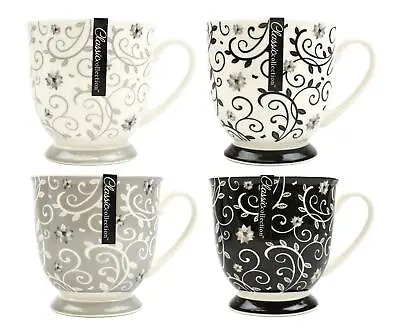 Buy Set Of 4 Coffee Mugs Tea Cups Floral Swirl Grey Black White Bone China Large • 21.99£