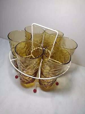 Buy Vintage 1950s MCM Amber Textured Drinking Glasses 12 Oz In Oryginal Caddy • 65£