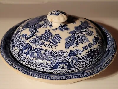 Buy Antique Blue Willow Transferware Butter Dish Insert & Dome Cover - Rare • 66.26£