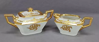 Buy La Seynie Limoges Raised & Beaded Gold Monogrammed Creamer & Sugar C.1903-1917 • 153.56£