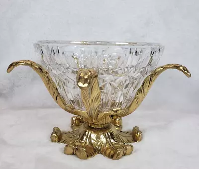 Buy Vintage Hollywood Regency Cut Glass Brass Centerpiece Footed Pedestal Bowl • 28.77£