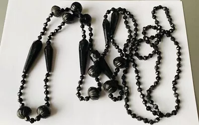 Buy Art Deco French Jet Black Glass Necklace Long 1920s Faceted Beads Flapper • 17.90£