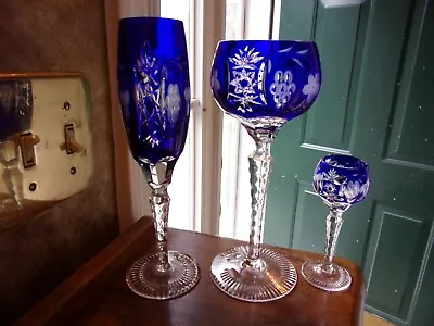 Buy AJKA Marsala Cobalt Blue Cut To Clear Crystal Wine Champagne Flute Cordial Glass • 163.28£