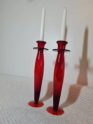 Buy Pair Of Tall Red Glass Candlesticks Festive Centerpiece Dinner Deco • 17£