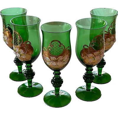 Buy Czech Bohemian Emerald Crystal Liqueur Goblets W/ Hand-Painted Porcelain Flowers • 125.42£