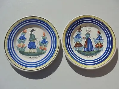 Buy Pr HR Quimper Faience Pottery Blue & Yellow Stripe Peasant Man Woman Plates 9.25 • 28.81£