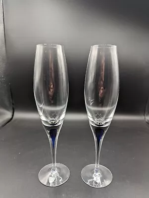 Buy Orrefors Sweden -2- Crystal Champagne Flutes With Intermezzo Blue Stem • 73.14£