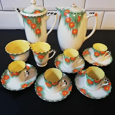 Buy Rare Art Deco Crown Devon Coffee / Tea Set  With Hand Painted Flowers.  C1934 • 145£