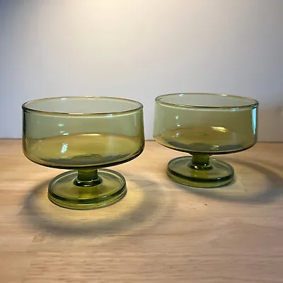 Buy Vintage Green Dessert Glasses Set Of 2 Pressed Glass, Pedestal Foot MCM, Sherbet • 11.38£