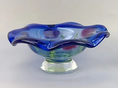 Buy Art Glass Large Footed Bowl Flowers Blue Attributed To Caithness  • 75£
