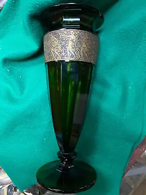 Buy Art Deco Moser Green Glass And Etched Gilt Vase • 100£