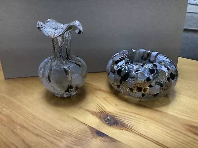 Buy 2x Studio Art Glass,Spatter  Glass Vase & Tealight Bowl,Silver,murano,British • 23.50£