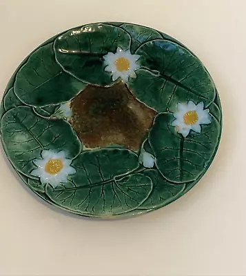 Buy Antique Lily Pads & Flowers Majolica Deep Green Glazed Textured Plate • 4£