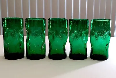 Buy Vintage MCM Pilgrim Crackle Glass Dimpled Green Tumblers 5-3/4”, Set Of 5 • 47.90£