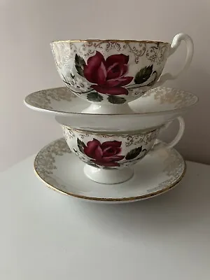 Buy Vintage Alfred Meakin Glo-White Ironstone Roses 2 Teacups & Saucers Mid Century • 8£