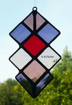 Buy Stained Glass Harlequin Squares - Purples & Red - Handmade - 12cms (4.75ins) NEW • 8.75£