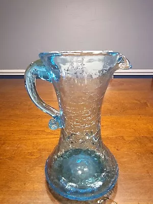 Buy Vintage Handblown Sapphire Blue Crackle Glass Pitcher, 7  Tall Beautiful Piece • 18.96£