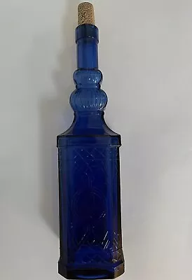 Buy Blue Glass Bottle Made In Spain Square Apothecary 12” Embossed Design Raise Wine • 40£