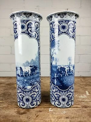 Buy A Pair Of Cylindrical Blue & White 20th Century Delftware Sleeve Vases. • 250£