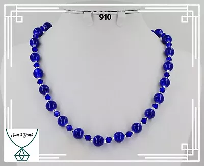 Buy Cobalt Blue 10mm Lacquered Glass Bead & Bicone Crystal Necklace Silver Balls 20  • 5£