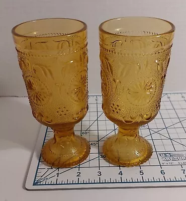 Buy Set Of 2 VTG MCM Indiana Sandwich Glass Tiara Amber Gold Footed Water Goblets • 12.46£