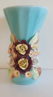 Buy Vintage Australian Pottery Vase W/- Applied Flowers - Incised V2 • 34.29£