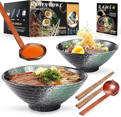 Buy Japanese Ramen Bowls 2 Set | 1000 Ml With Chopsticks Spoons | Ceramic Pho Noodle • 14.99£
