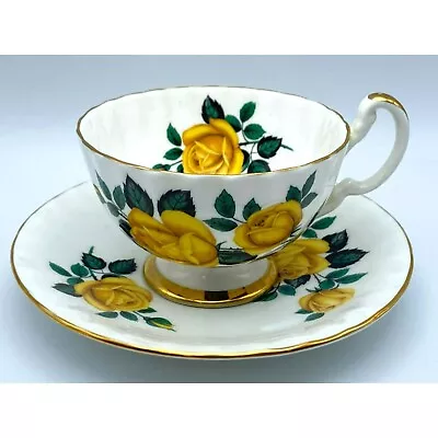 Buy Aynsley England Bone China Yellow Rose Tea Cup Saucer Green Mark Consort • 35.95£