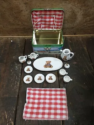 Buy Vintage Teddy Bear Mini Porcelain Children’s Tea Party Set Picnic Tin Box Used • 67.20£