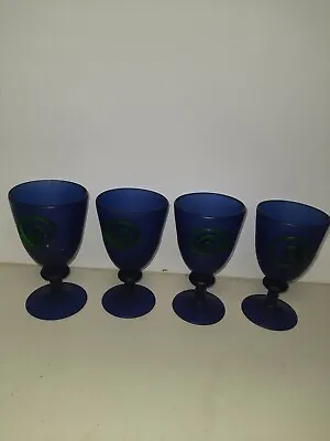 Buy SET OF 4 Rare HAND BLOWN COBALT BLUE Footed  6  Wine GOBLETS Glasses Glass • 0.99£