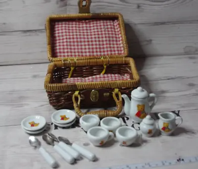 Buy Miniature China Tea Set With Teddy Bear Pattern In Wicker Rattan Picnic Basket • 23.74£
