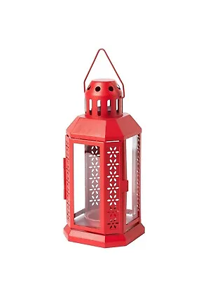 Buy Ikea Red Enrum Lantern Tealight Candle Holder Hanging Glass Metal Home 22cm UK • 9.67£