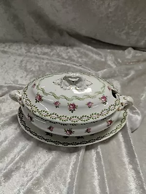 Buy Vintage Booths Silicon China Lidded Tureen & Plate With Pink Rose Design • 9.99£