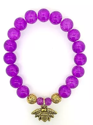 Buy Purple Crackle Glass Bead Bracelet  Antique Gold Colour BEE For Peace Hope Charm • 3.99£
