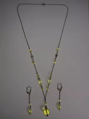 Buy Vintage Vaseline Glass Single Drop Silver Necklace And Earrings  (240003) • 38£
